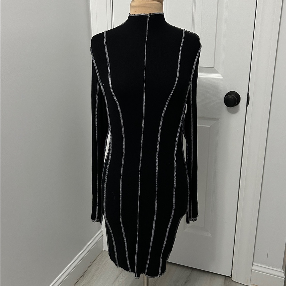 Beige Botany Black Ribbed Contrast Seam Bodycon  Dress - Picture 3 of 9